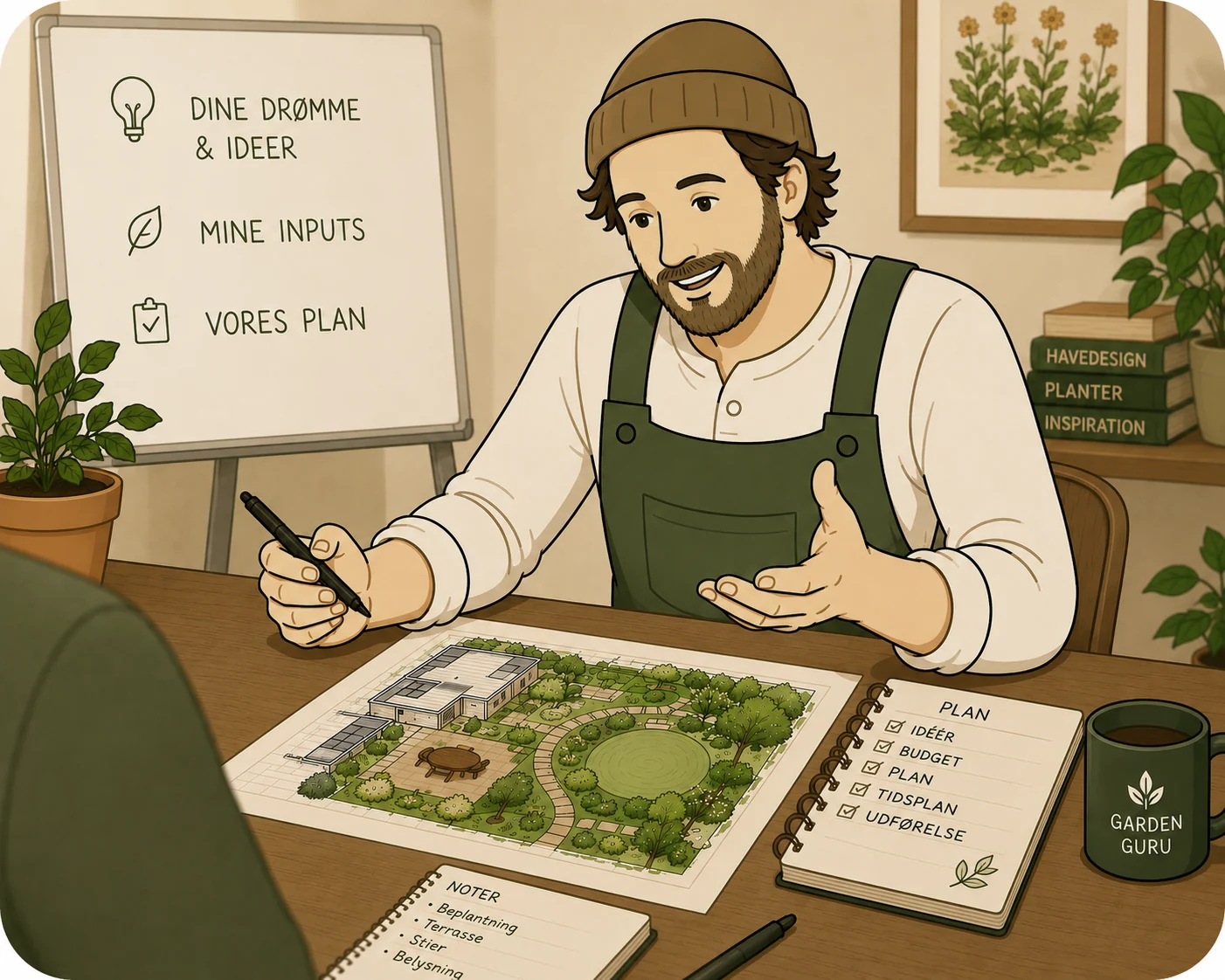 Viggo zeigt einen Gartenplan und konkrete nächste Schritte