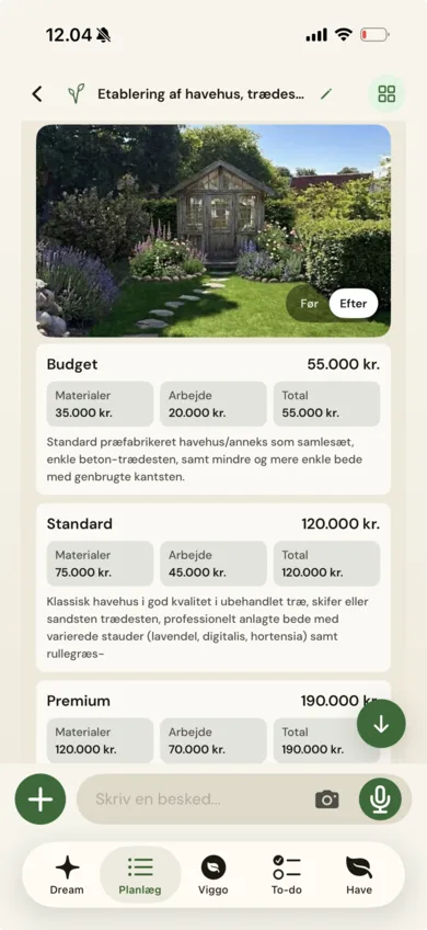 Viggo viser budgetoverblik for et haveprojekt