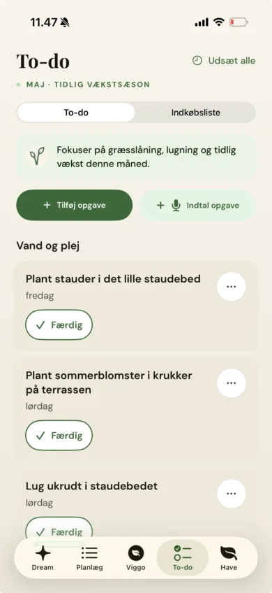 Viggo muestra tareas mensuales de jardín en un iPhone